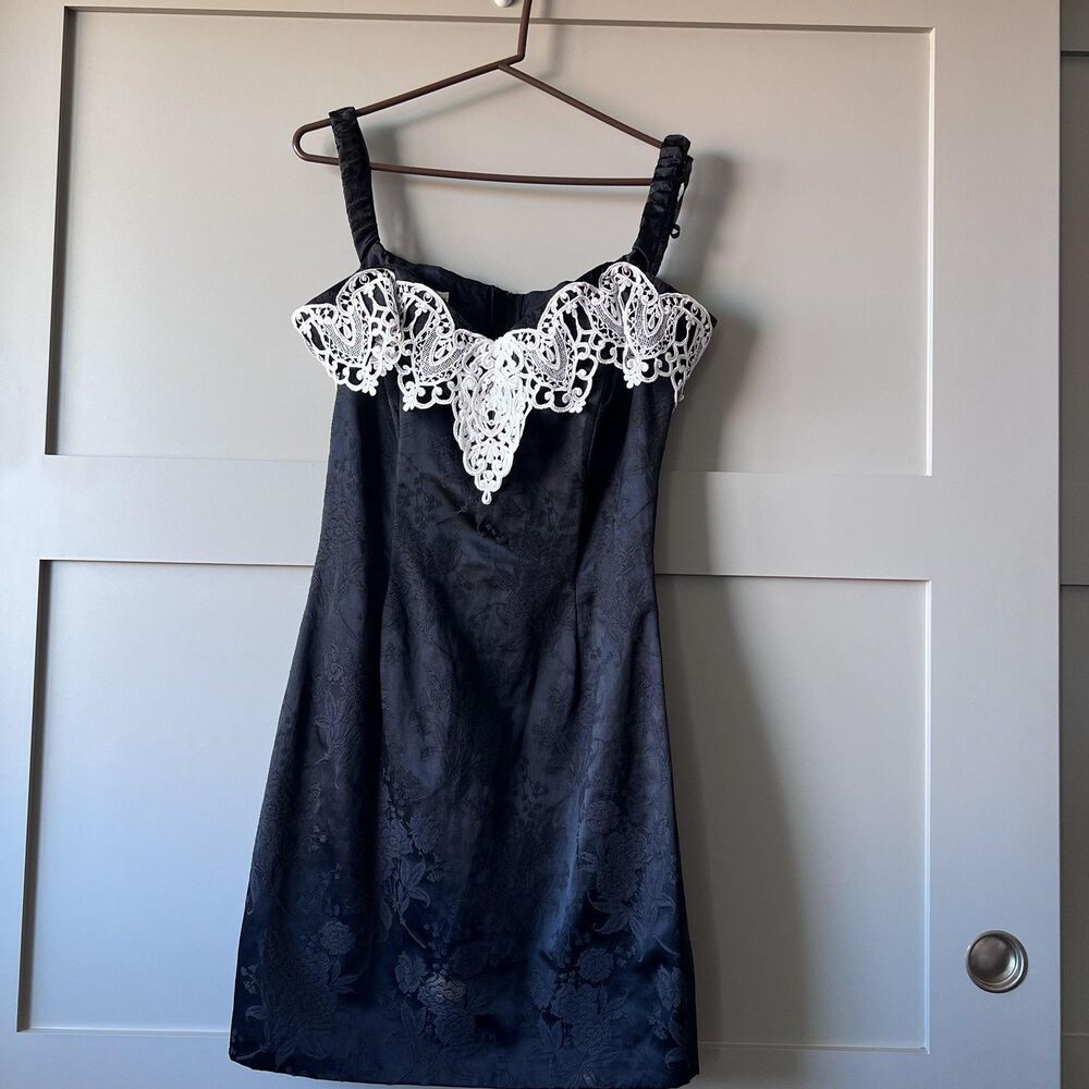 Vintage Gunne Sax Dress Womens 15/16 Black Jacquard Lace Cocktail Made USA 90s